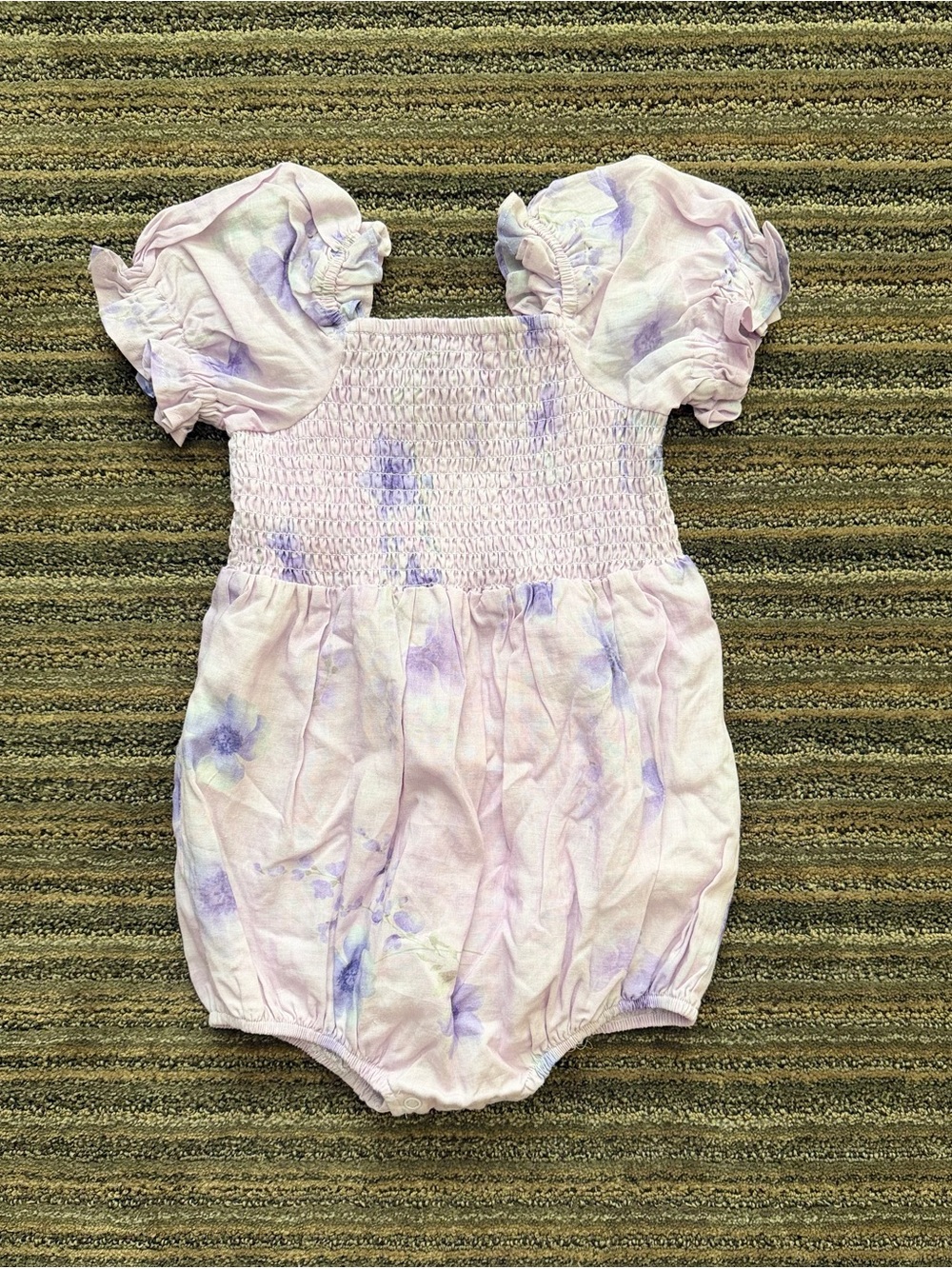 Bardot Junior Smocked Lavender Bubble Floral Romper w/ Short Puff Sleeves